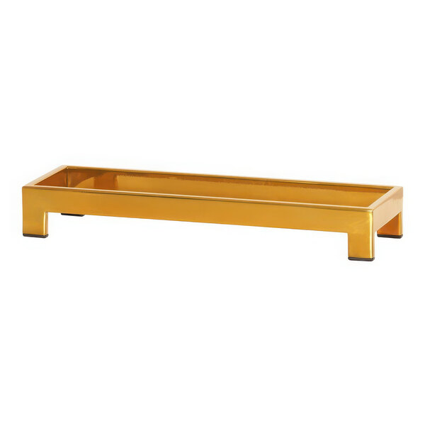 A gold rectangular Cal-Mil display riser with black legs.