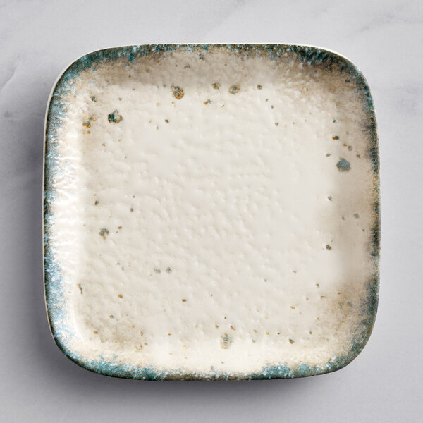 A white square plate with blue specks.