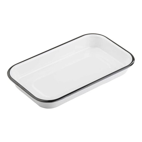 A white rectangular melamine platter with black trim.