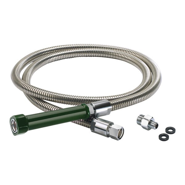 A Krowne Royal Series stainless steel pre-rinse hose with a green handle.