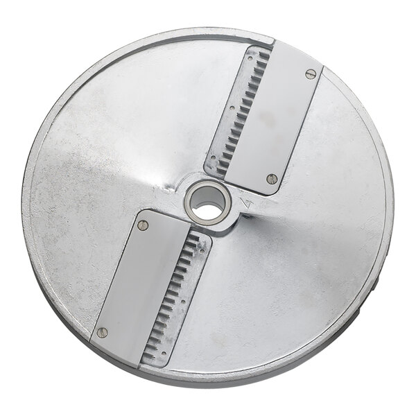 A circular metal Edlund VariCut julienne disc with two blades and holes.