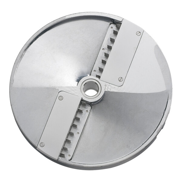 A circular metal Edlund VariCut Julienne Disc with holes and blades.