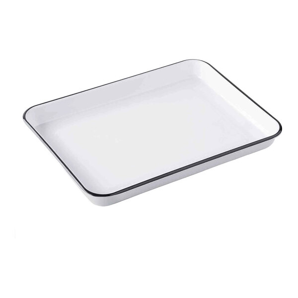 A white rectangular Tablecraft melamine tray with black trim.