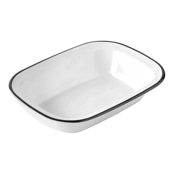 A white rectangular Tablecraft melamine bowl with a black rim.