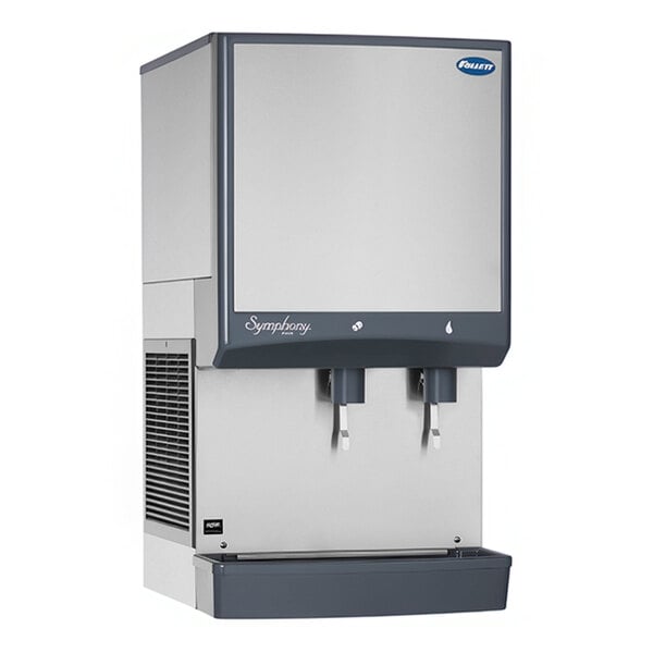A countertop ice maker and dispenser with lever dispensing and a stainless steel exterior.