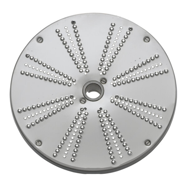 A silver Edlund VariCut grating disc with circular holes.