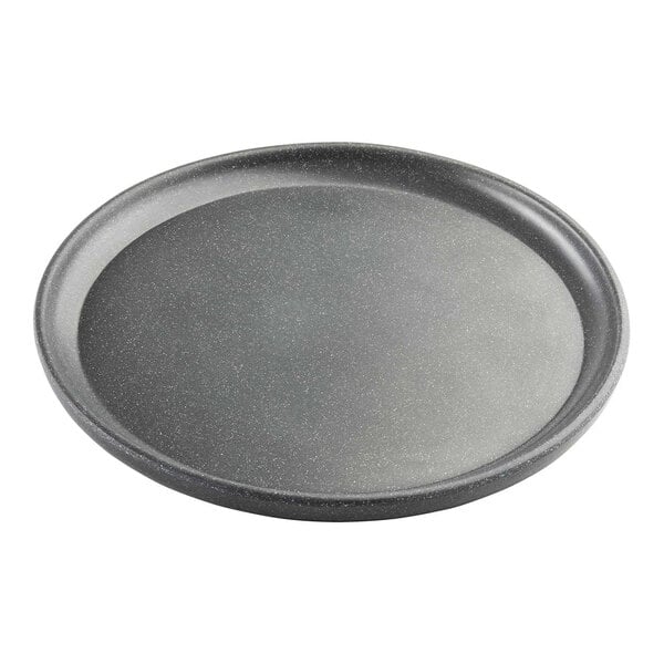 A black round Tablecraft Terra melamine plate with a speckled surface.