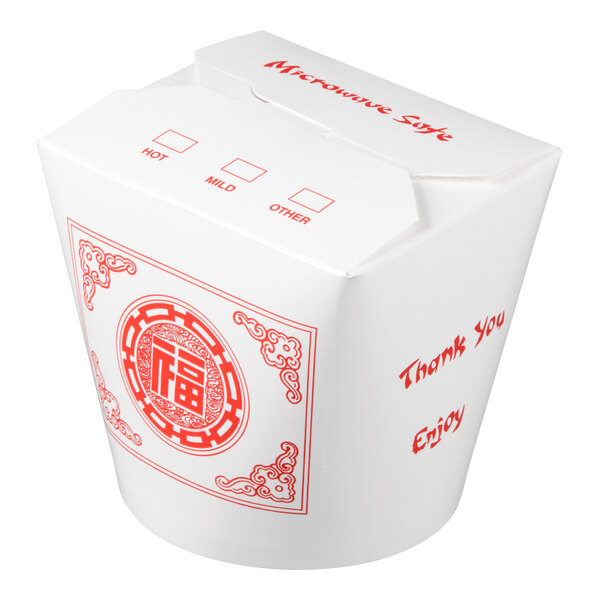 A white 26 oz. microwavable paper take-out container with red printed designs and text, commonly used for Chinese or Asian food.