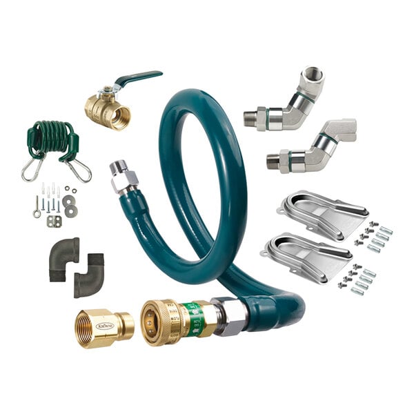 A Krowne 48" gas connector hose kit with various parts and accessories, including swivel connectors.
