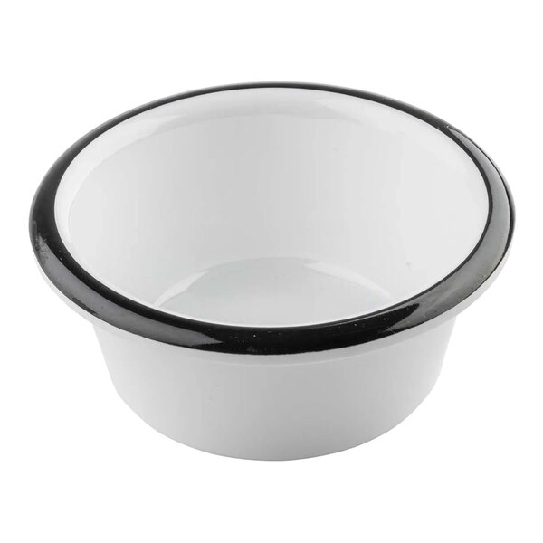 A white Tablecraft melamine ramekin with a black rim.