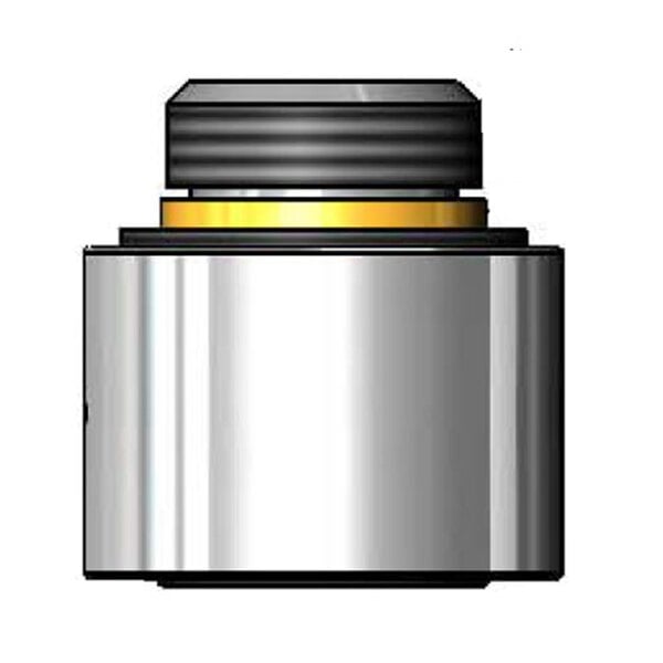 A silver and black cylinder with a silver and gold metal cap.