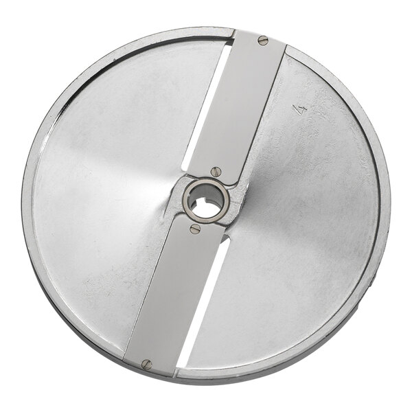 A circular metal Edlund slicing disc with two blades and a hole in the center.