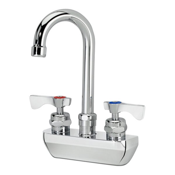 A silver Krowne wall-mount faucet with lever handles and a gooseneck nozzle.