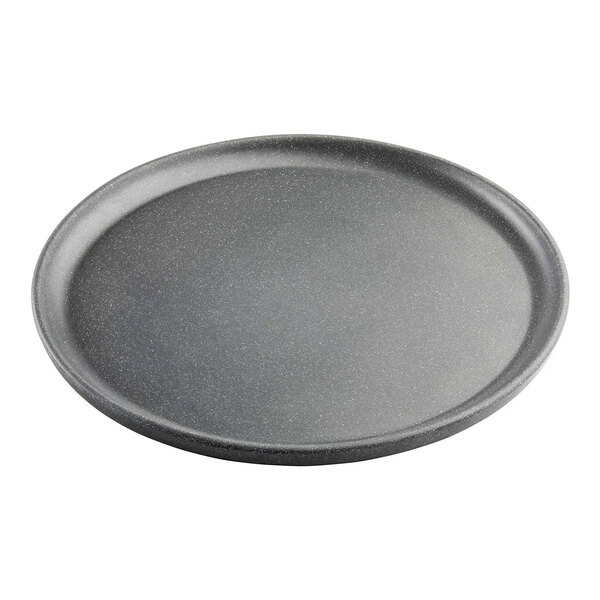 A round black melamine plate with a speckled gray rim.