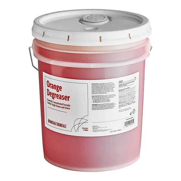 A white 5 gallon bucket of Advantage Chemicals orange concentrated cleaner / degreaser.
