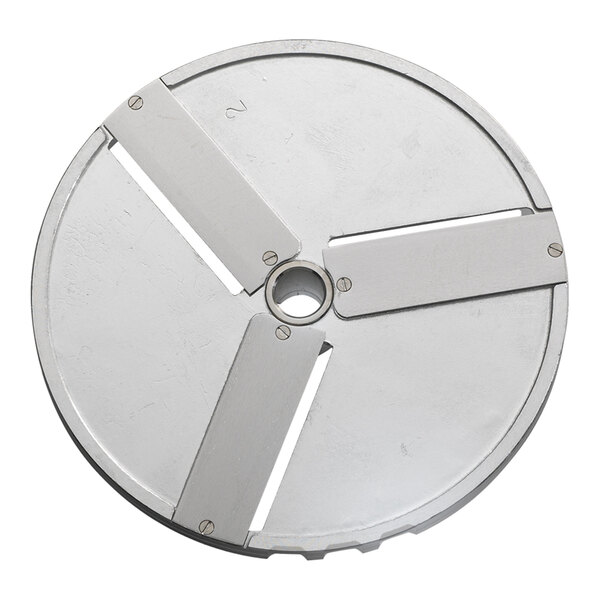 A circular metal Edlund slicing disc with four blades and holes.