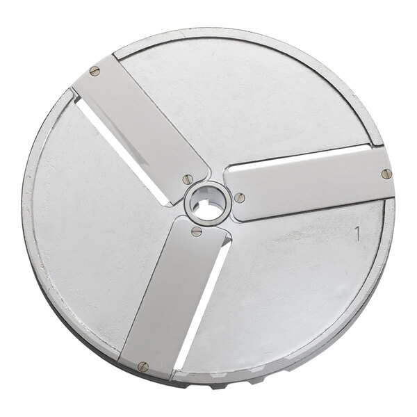 A circular metal Edlund VariCut slicing disc with four holes in it.