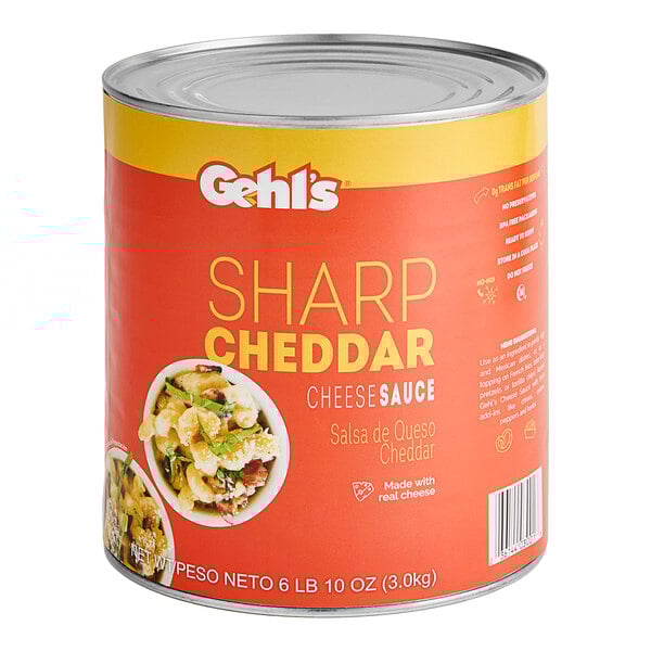 A Gehl's #10 can of sharp cheddar cheese sauce on a counter.