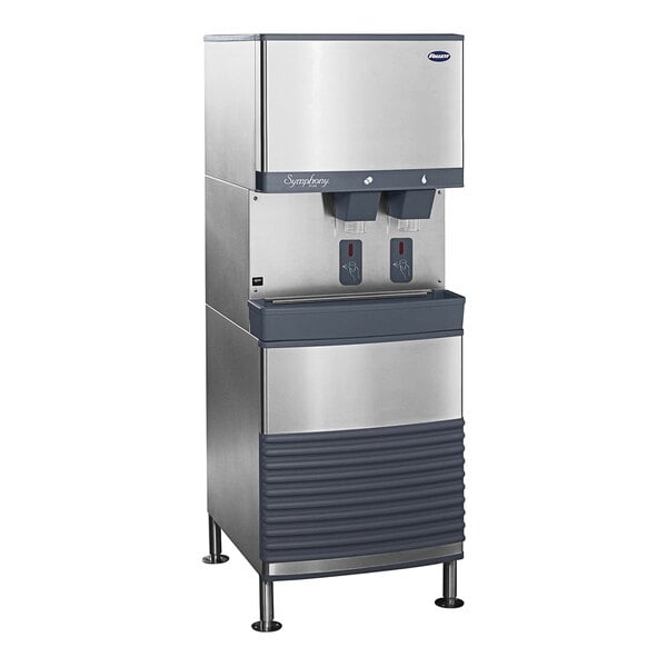 A stainless steel Follett ice machine with a water dispenser.