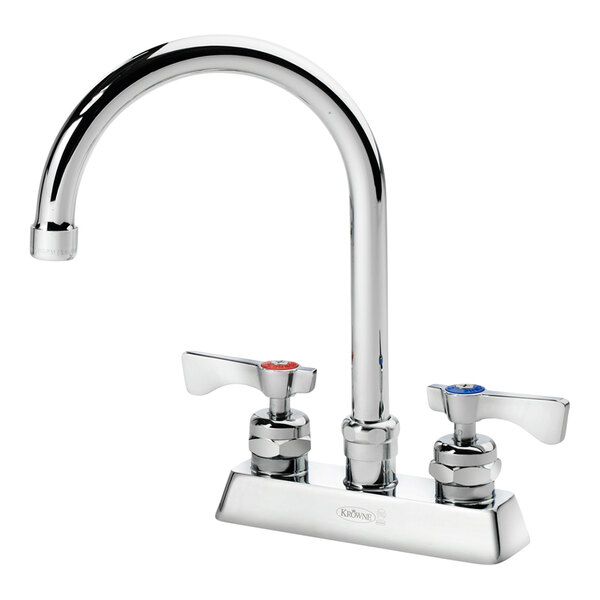 A chrome Krowne deck-mount faucet with silver levers.