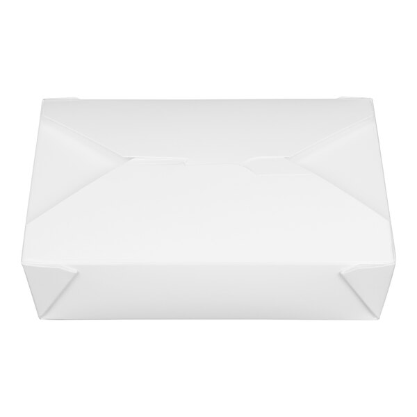 A white rectangular Fold-Pak paper take-out box with a lid.