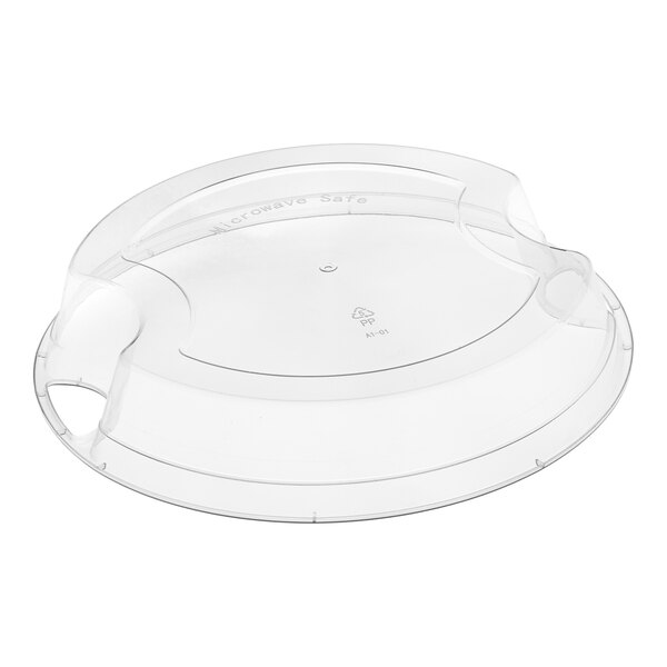 A clear plastic lid with a handle for a Choice microwavable bowl.