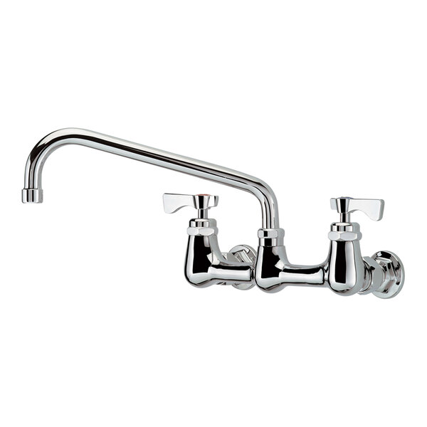 A Krowne Royal Series wall-mount faucet with a chrome finish, lever handles, and a 10" swing spout.