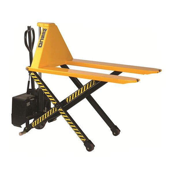 An electric telescoping high lift pallet truck with yellow 45-inch by 27-inch forks and a 3,000 lb. capacity.