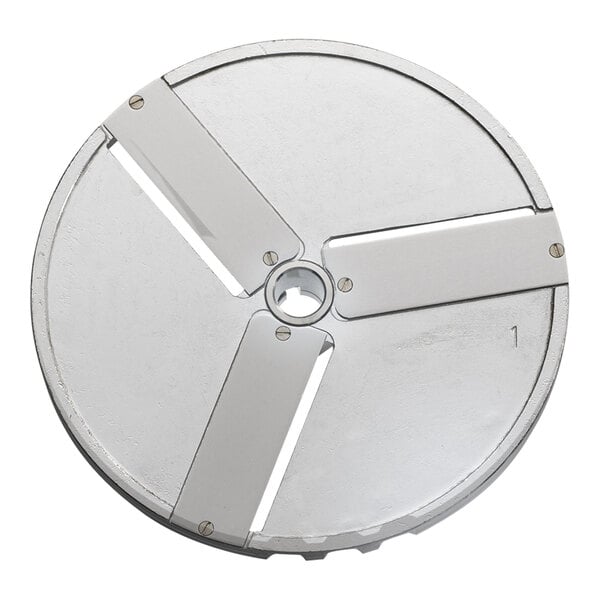 A circular metal Edlund VariCut slicing disc with four holes in it.