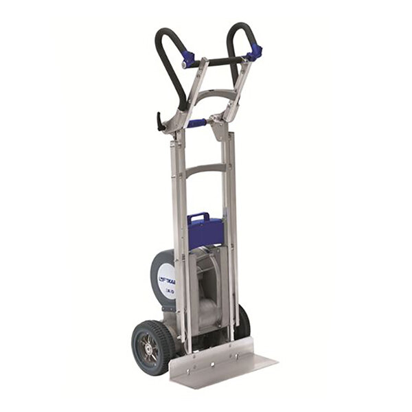 A powered stair climbing hand truck with an angle-adjustable handle and large wheels, designed for lifting heavy loads up to 725 lb.