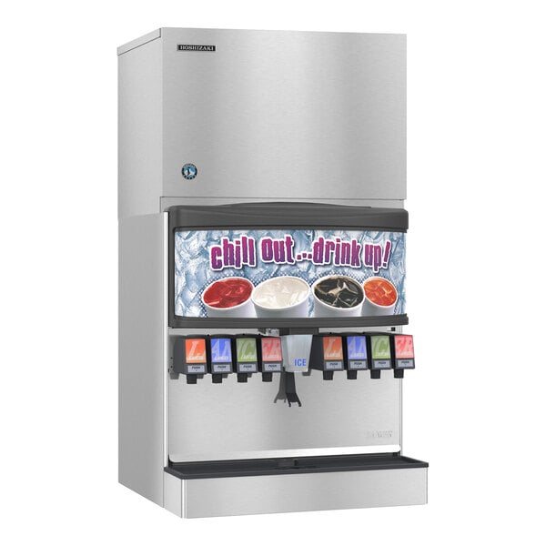 A commercial ice and beverage dispenser machine with multiple drink options and an ice dispenser.