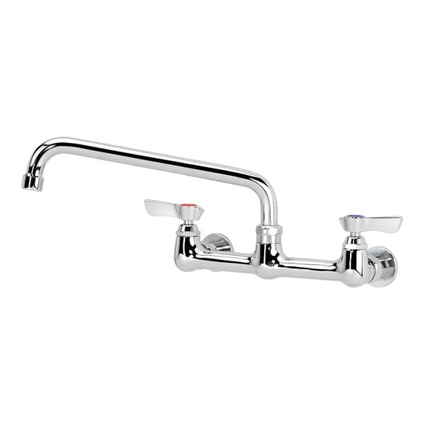 A Krowne silver wall-mount faucet with lever handles and a swing nozzle.