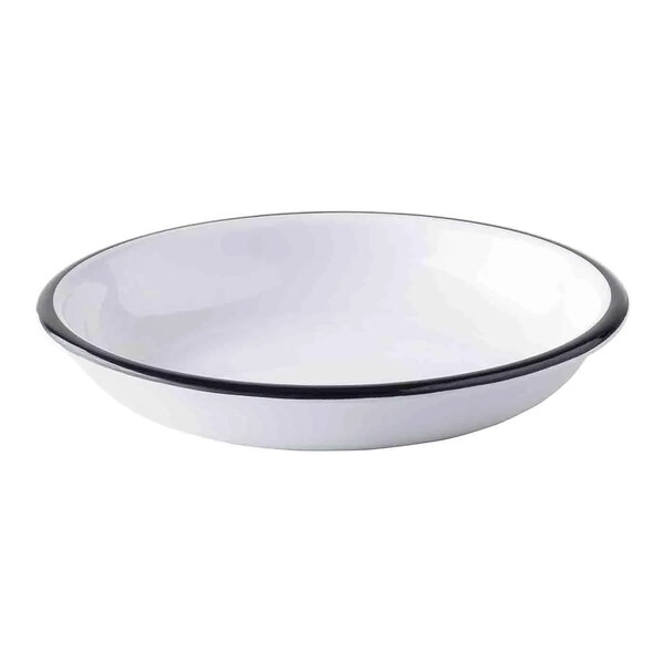 A white Tablecraft melamine bowl with a black rim.