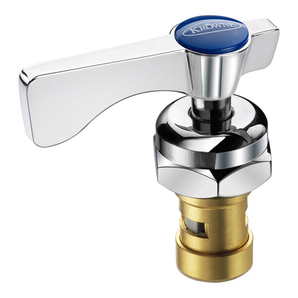 A Krowne Royal Series cold water valve cartridge with a blue and chrome finish and a blue handle.