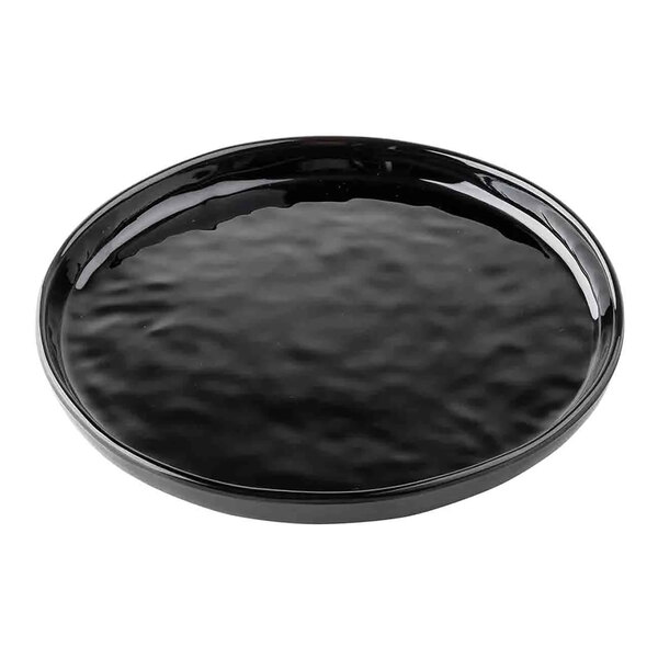 A Tablecraft black melamine plate with a black rim.