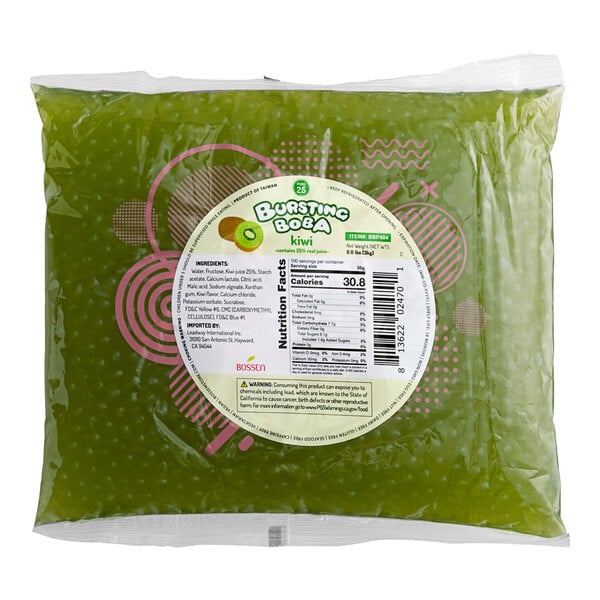 A plastic bag of Bossen Kiwi Bursting Boba with a label.