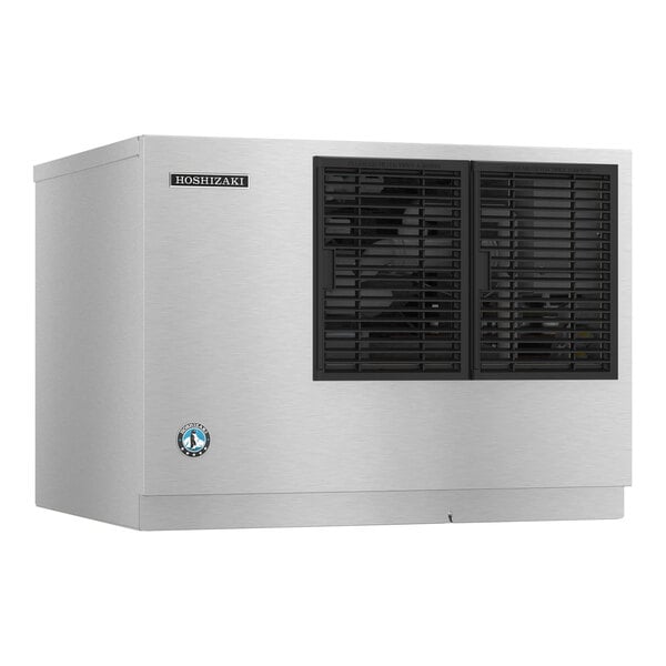 A stainless steel Hoshizaki air cooled ice machine with a black ventilator.