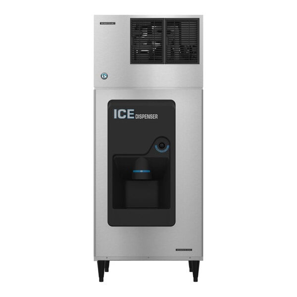 A silver and black Hoshizaki air cooled ice machine with a black metal door.
