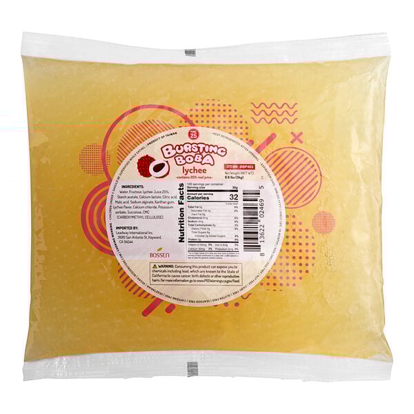 A plastic bag of Bossen Pure25 Lychee Bursting Boba with a label.