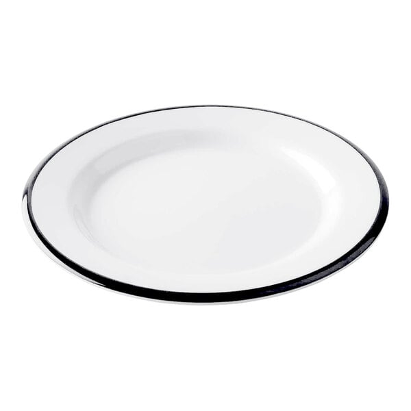 A Tablecraft Canteen Collection white melamine plate with black rim.