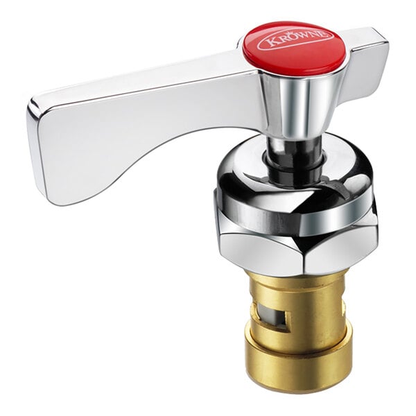 A chrome and red Krowne Royal Series hot cartridge valve with a red button.
