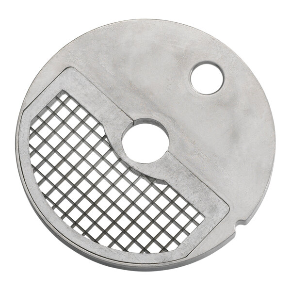 A circular metal dicing grid with holes.