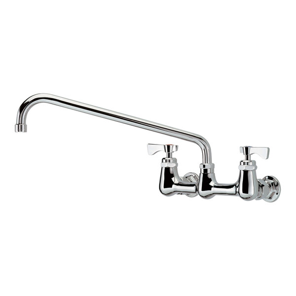 A chrome Krowne wall-mount faucet with lever handles and a 14" swing nozzle.