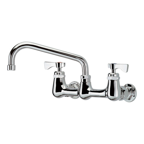 A Krowne Royal Series wall-mount faucet with lever handles and a swing spout.