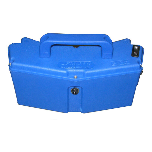 A blue Wesco rechargeable battery pack with a handle and an on/off switch.