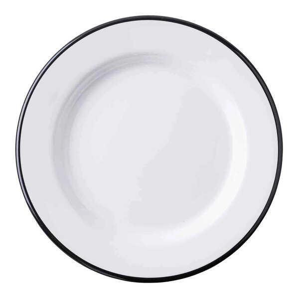 A Tablecraft Canteen Collection white melamine plate with a black rim.