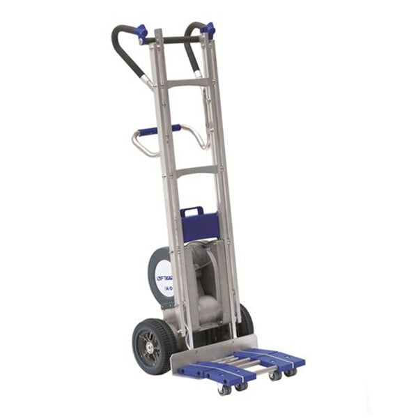 A powered stair climbing hand truck with a metal frame, large wheels, and a blue platform for transporting heavy loads.