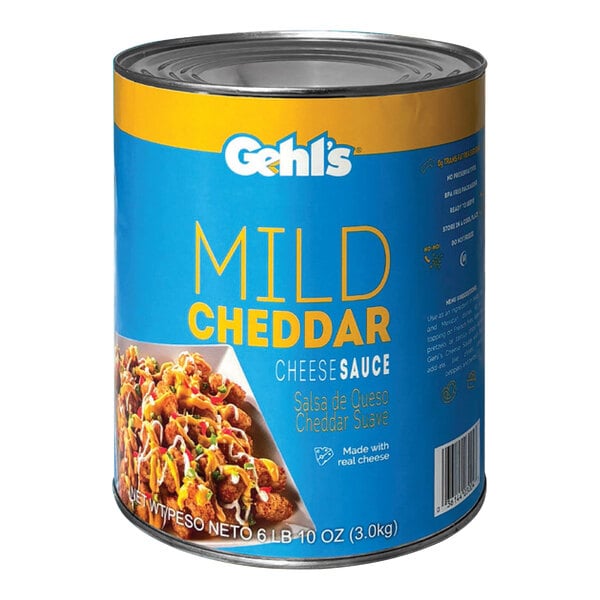 A #10 can of Gehl's Mild Cheddar Cheese Sauce with a blue label.