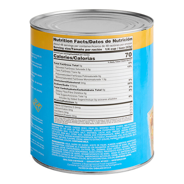 A white #10 can of Gehl's Mild Cheddar Cheese Sauce with a label.