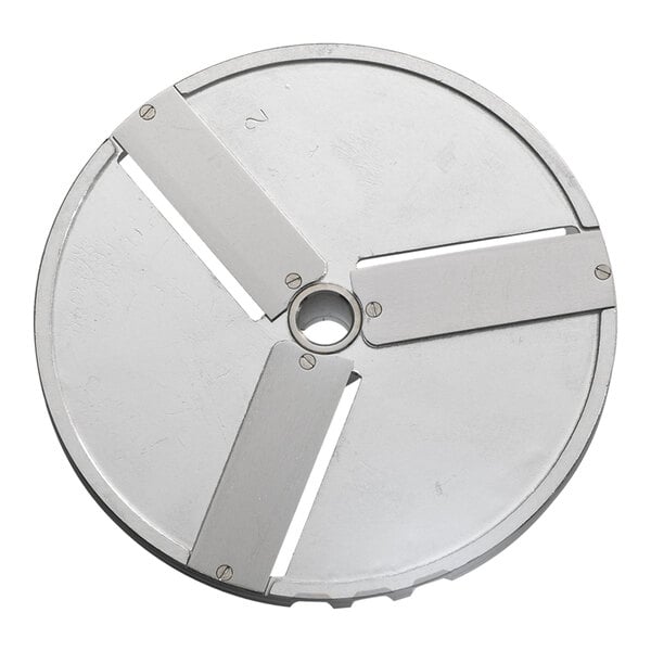An Edlund circular metal slicing disc with micro serrations and four blades.